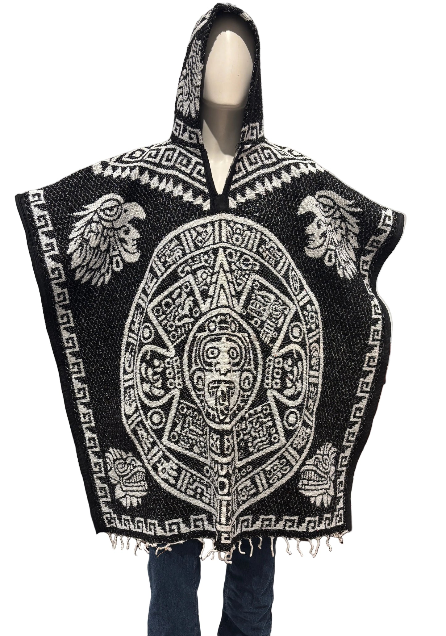 Traditional Hooded Poncho for Adults - Aztec Calendar design