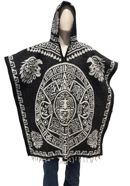 Traditional Hooded Poncho for Adults - Aztec Calendar design