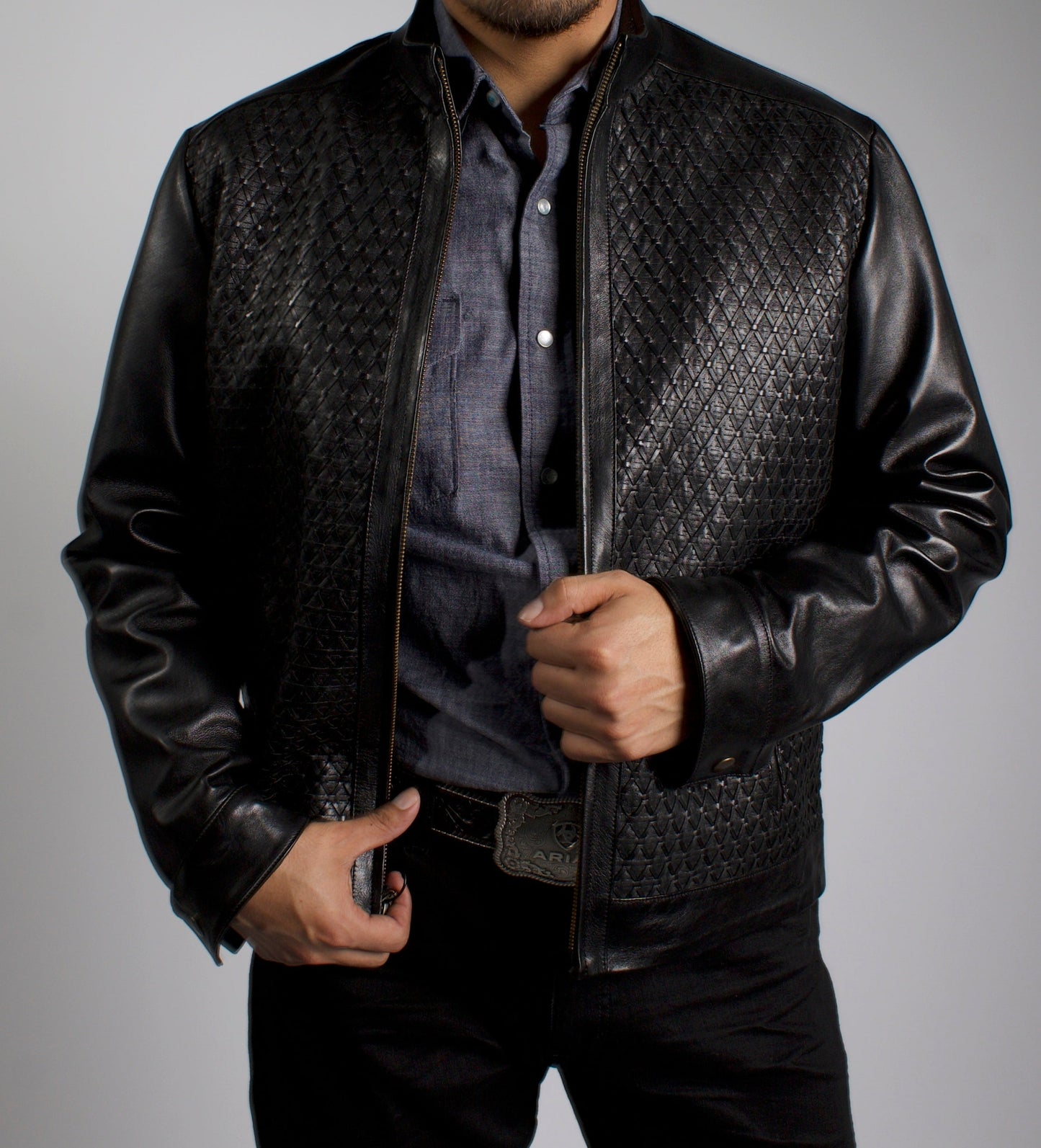 Men's Black Fine Leather Braided Cowboy Jacket – White Diamonds Boots