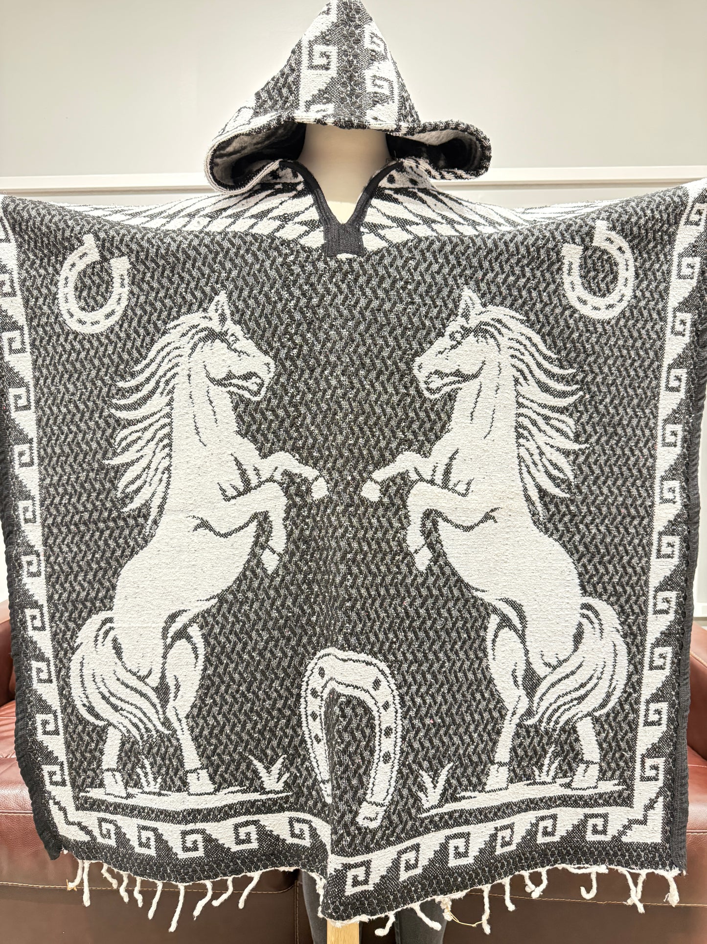 Traditional Hooded Poncho for Adults - Horses design