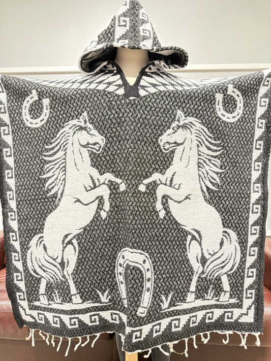 Traditional Hooded Poncho for Adults - Horses design