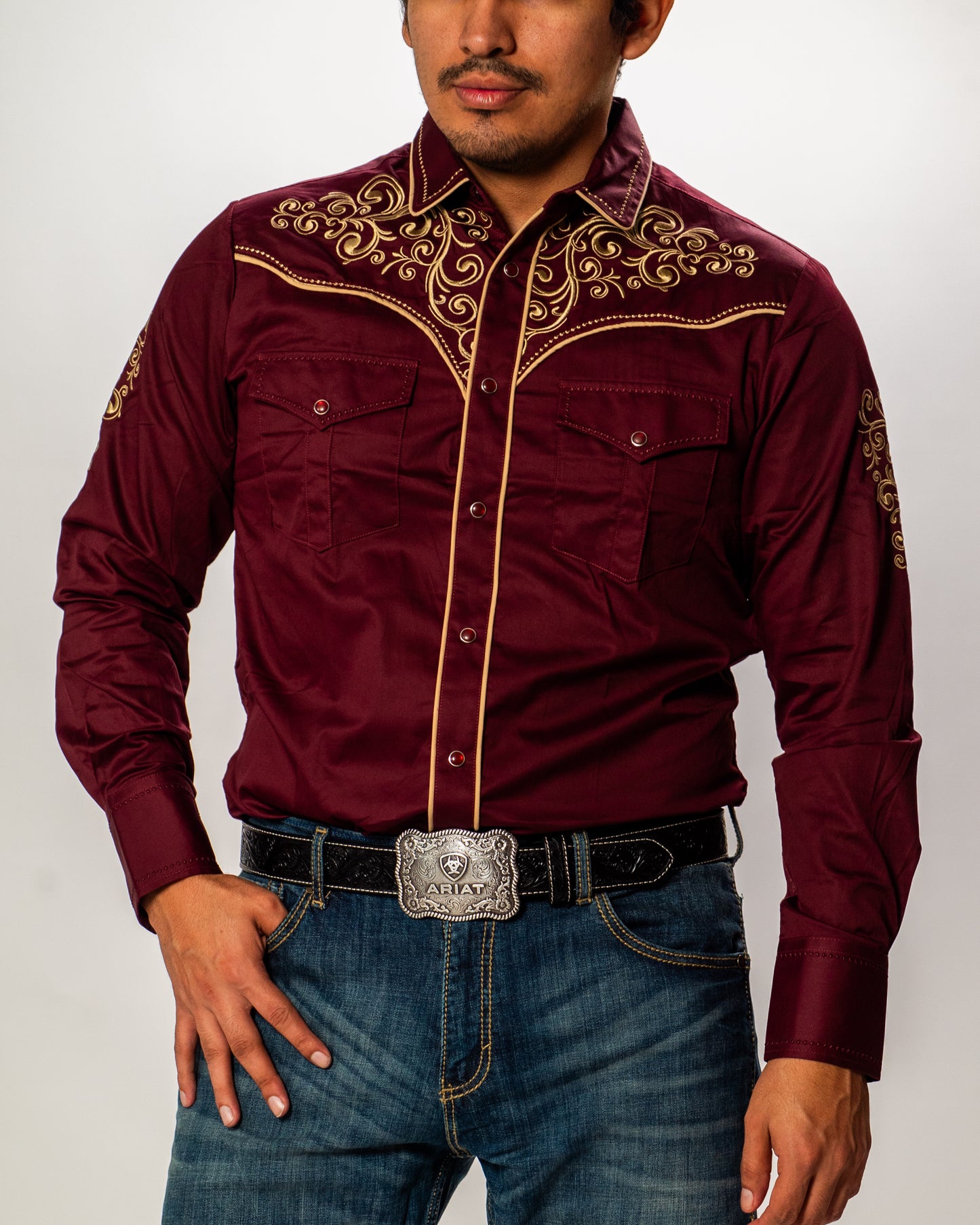 Men's Embroidered Snap Button Western Long Sleeve Shirt - Pavini