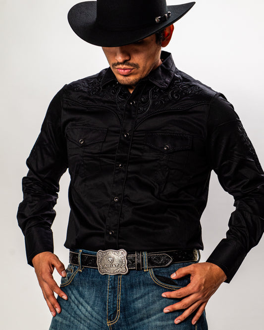 Men's Embroidered Snap Button Western Long Sleeve Shirt - Pavini