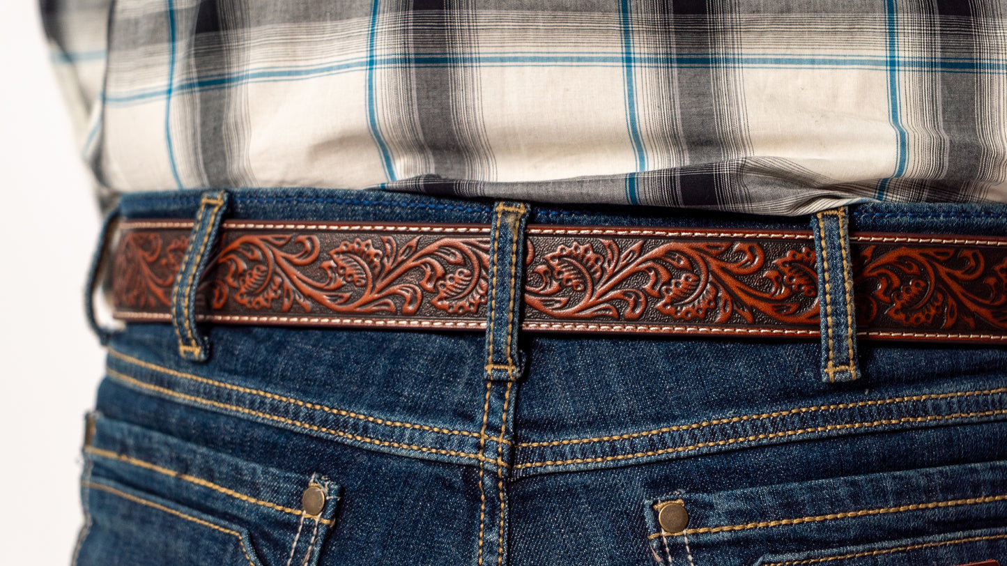Ariat Men's Brown Floral Embossed Leather Belt – 1-1/2"
