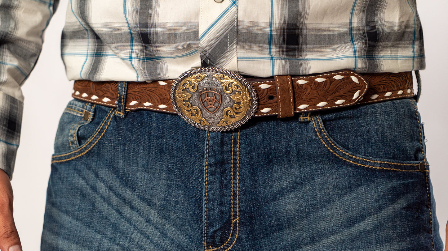Ariat Men's Aged Bark Floral Embossed Leather Belt – Tapered 1-7/8" to 1-1/2"