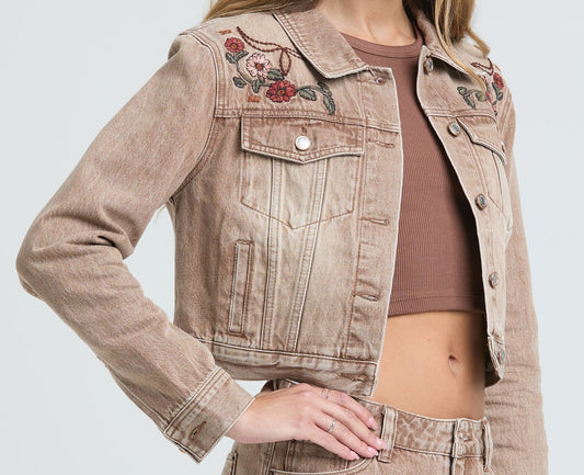Grace in LA Women’s Camel Floral Western Denim Jacket