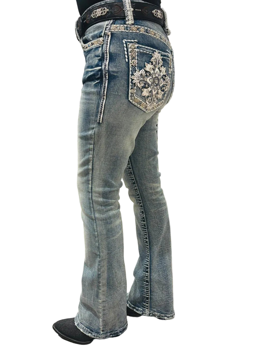 Women's Rhinestone Mid-rise Boot Cut Jeans - Answer Me