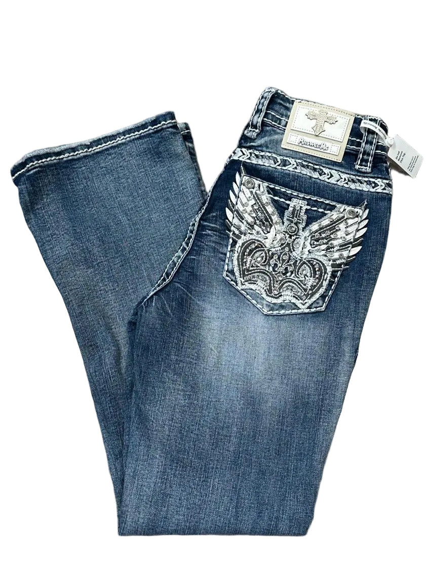 Women's Rhinestone Mid-rise Boot Cut Jeans - Answer Me (Length 30")