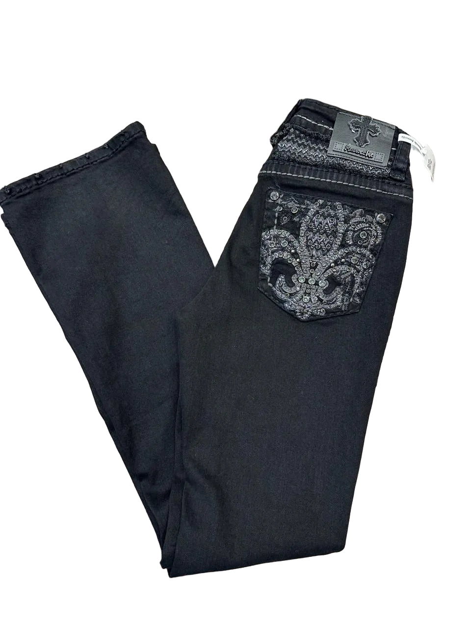 Women's Black Mid Rise Rhinestone Stretch Bootcut Jeans - Answer Me (Length 33")