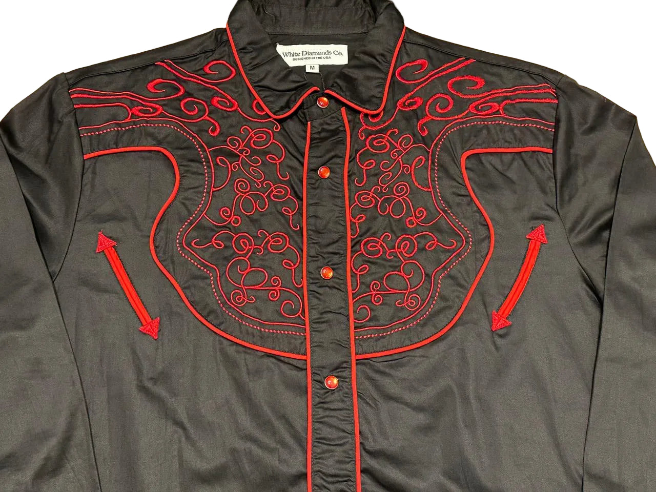 Embroidered Black Cowboy Long Sleeve Shirt - White Diamonds