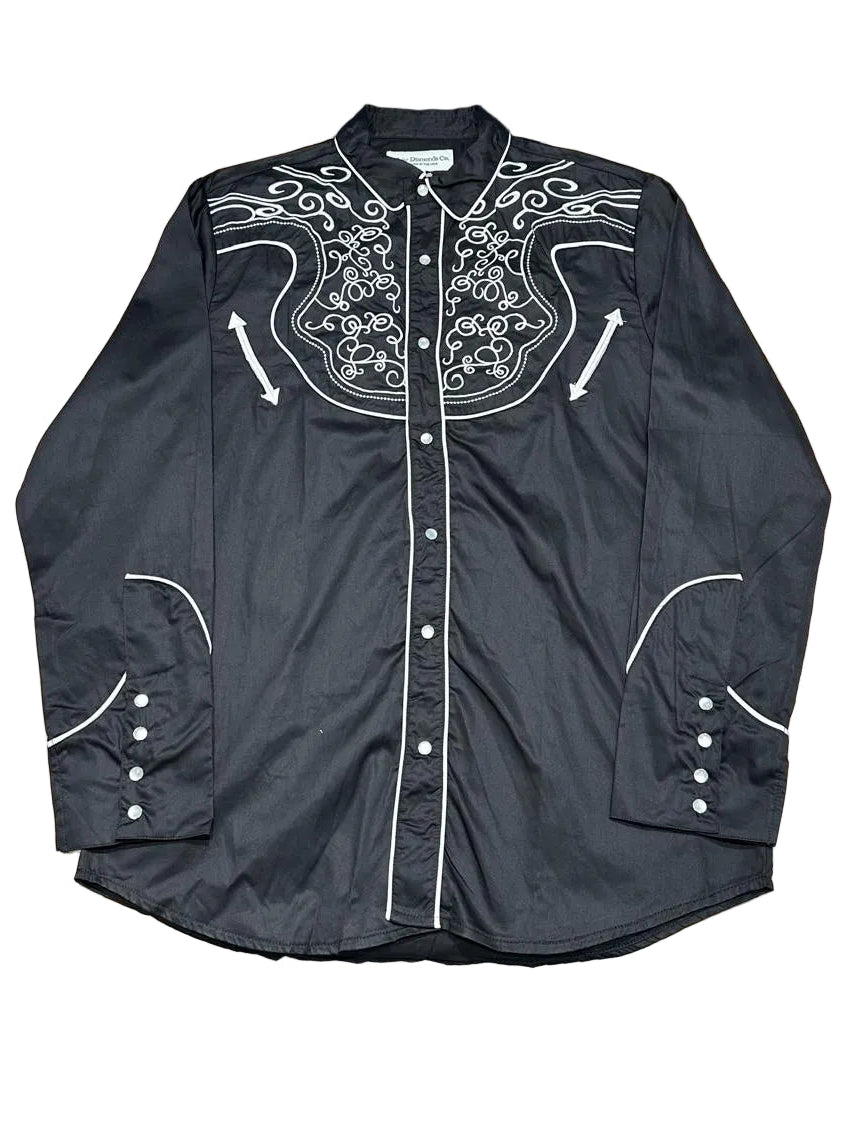 Embroidered Black Cowboy Long Sleeve Shirt - White Diamonds