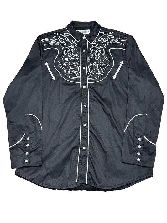 Embroidered Black Cowboy Long Sleeve Shirt - White Diamonds
