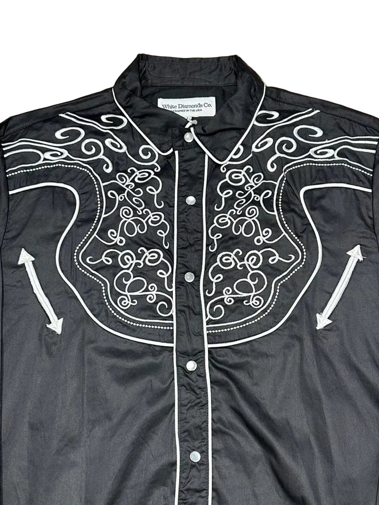 Embroidered Black Cowboy Long Sleeve Shirt - White Diamonds