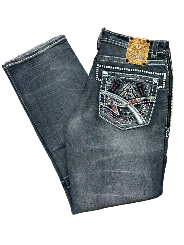 Men's Embroidered Gray Boot Cut Jeans - Xecondo