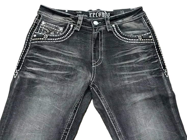 Men's Embroidered Gray Boot Cut Jeans - Xecondo