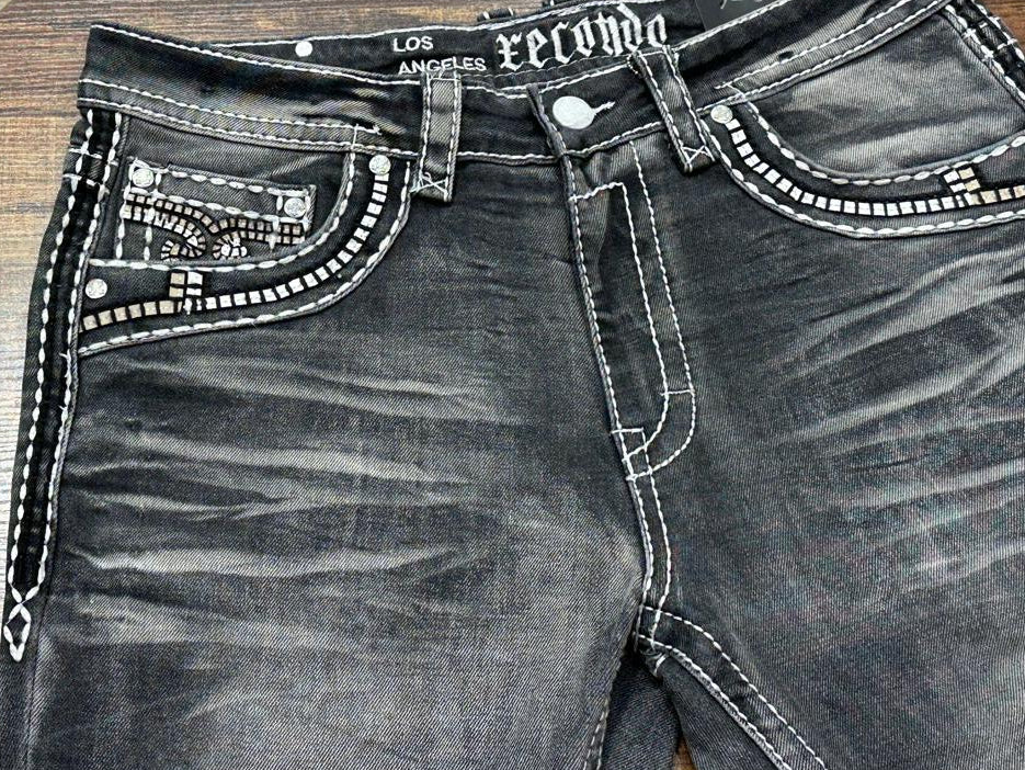 Men's Embroidered Gray Boot Cut Jeans - Xecondo
