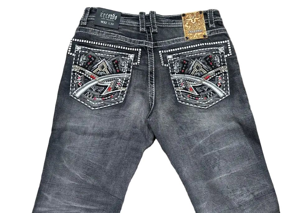 Men's Embroidered Gray Boot Cut Jeans - Xecondo