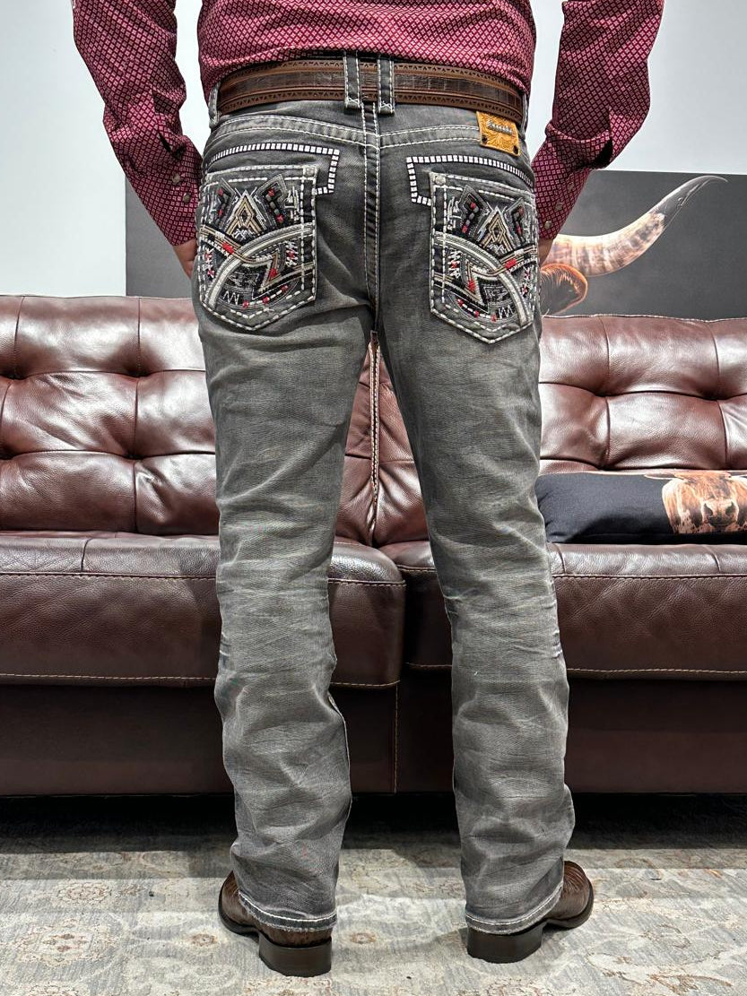 Men's Embroidered Gray Boot Cut Jeans - Xecondo