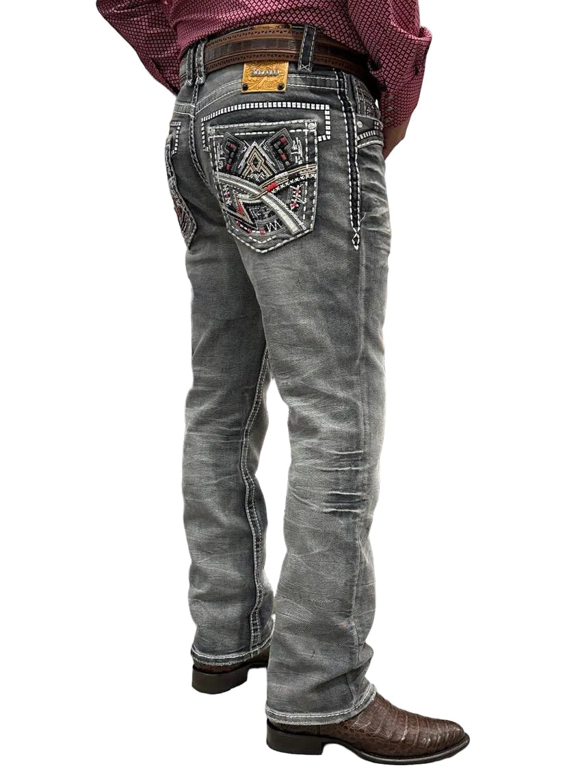 Men's Embroidered Gray Boot Cut Jeans - Xecondo