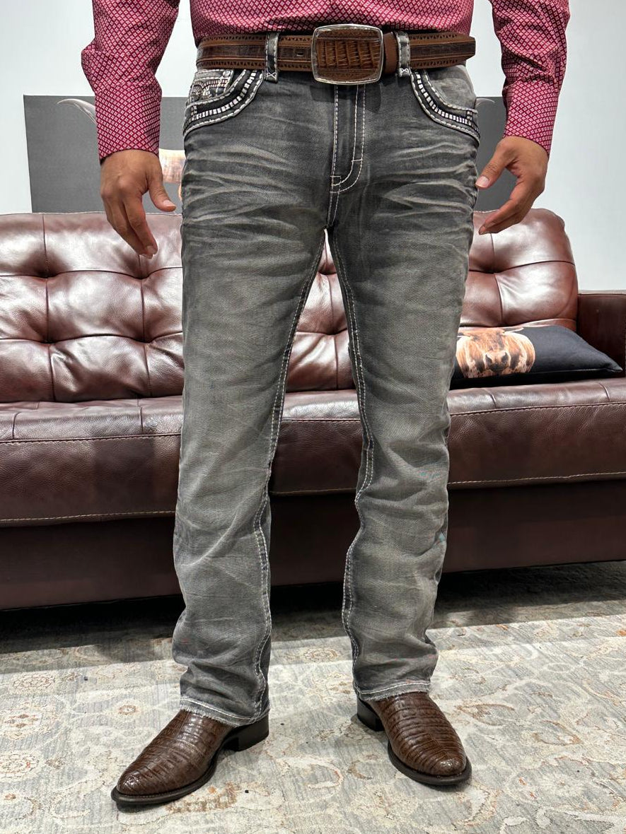Men's Embroidered Gray Boot Cut Jeans - Xecondo