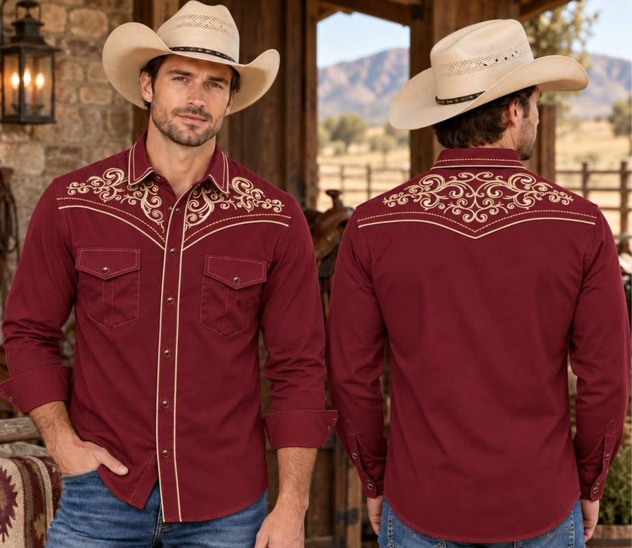 Men's Embroidered Snap Button Western Long Sleeve Shirt